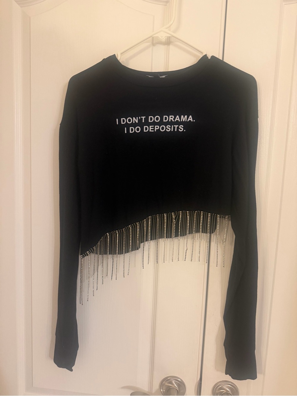 Fashion Nova Black Long Sleeve Crop Top with Rhinestone Fringe